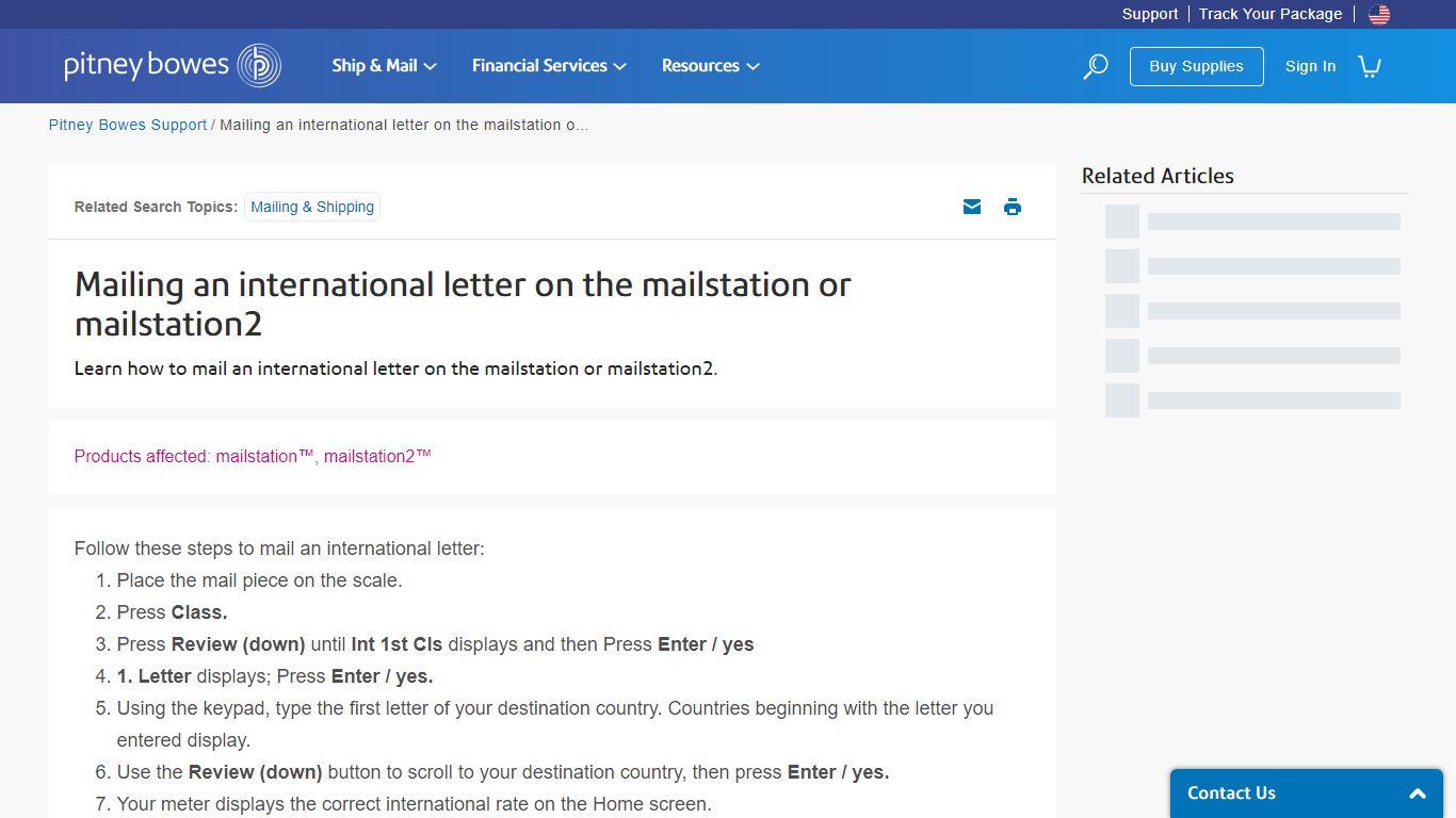 Mailing an international letter on the mailstation or mailstation2